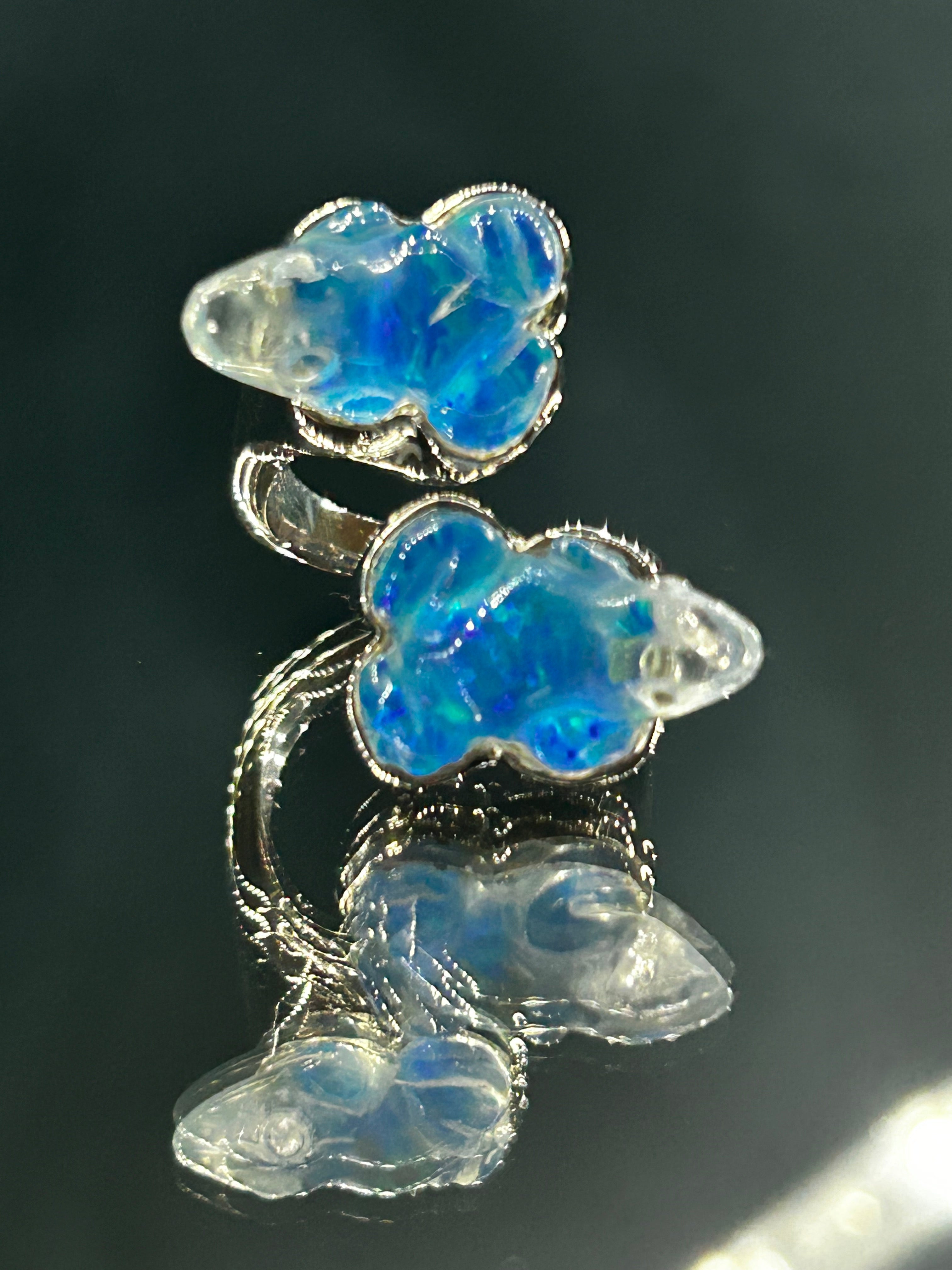Blue Opal Quartz Twin Frog Ring