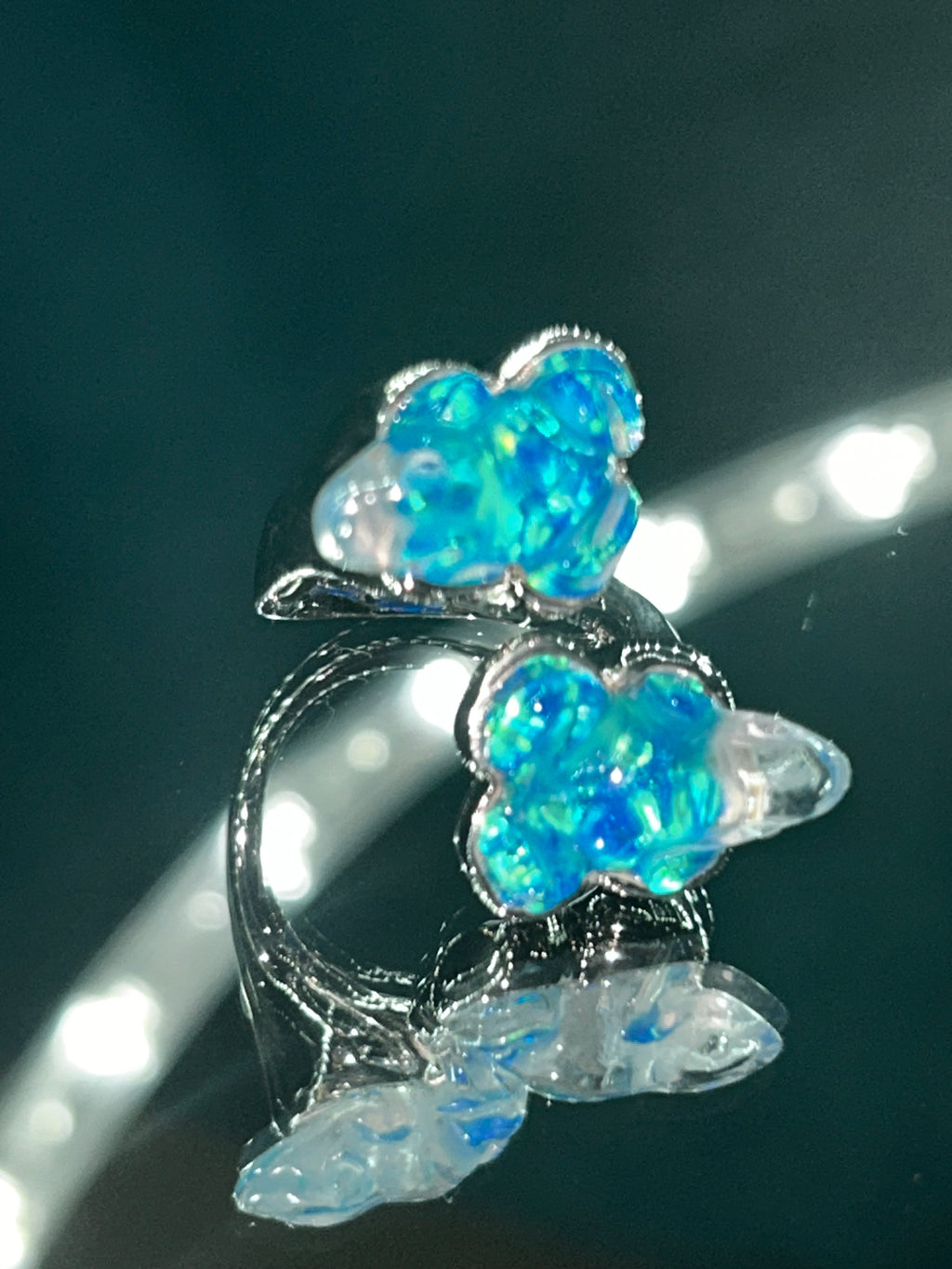 Blue Opal Quartz Twin Frog Ring