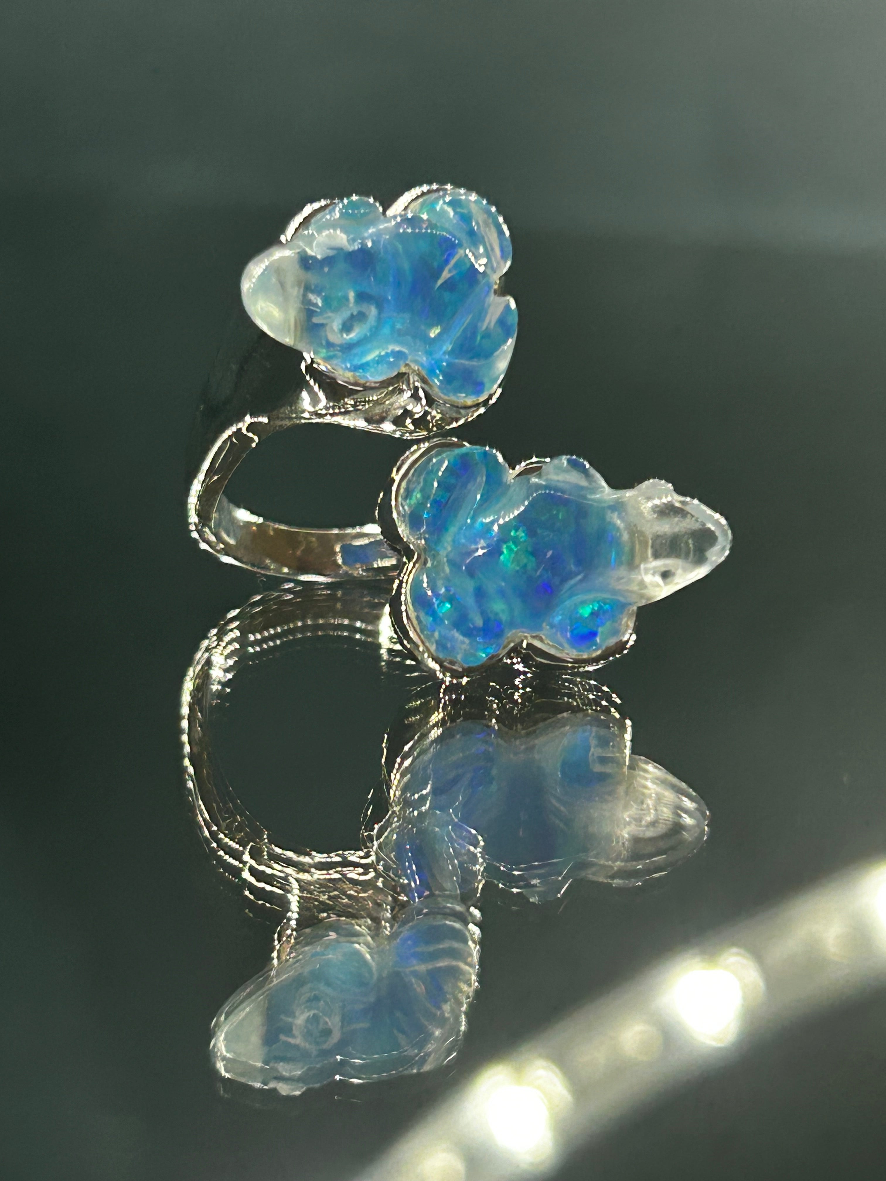 Blue Opal Quartz Twin Frog Ring