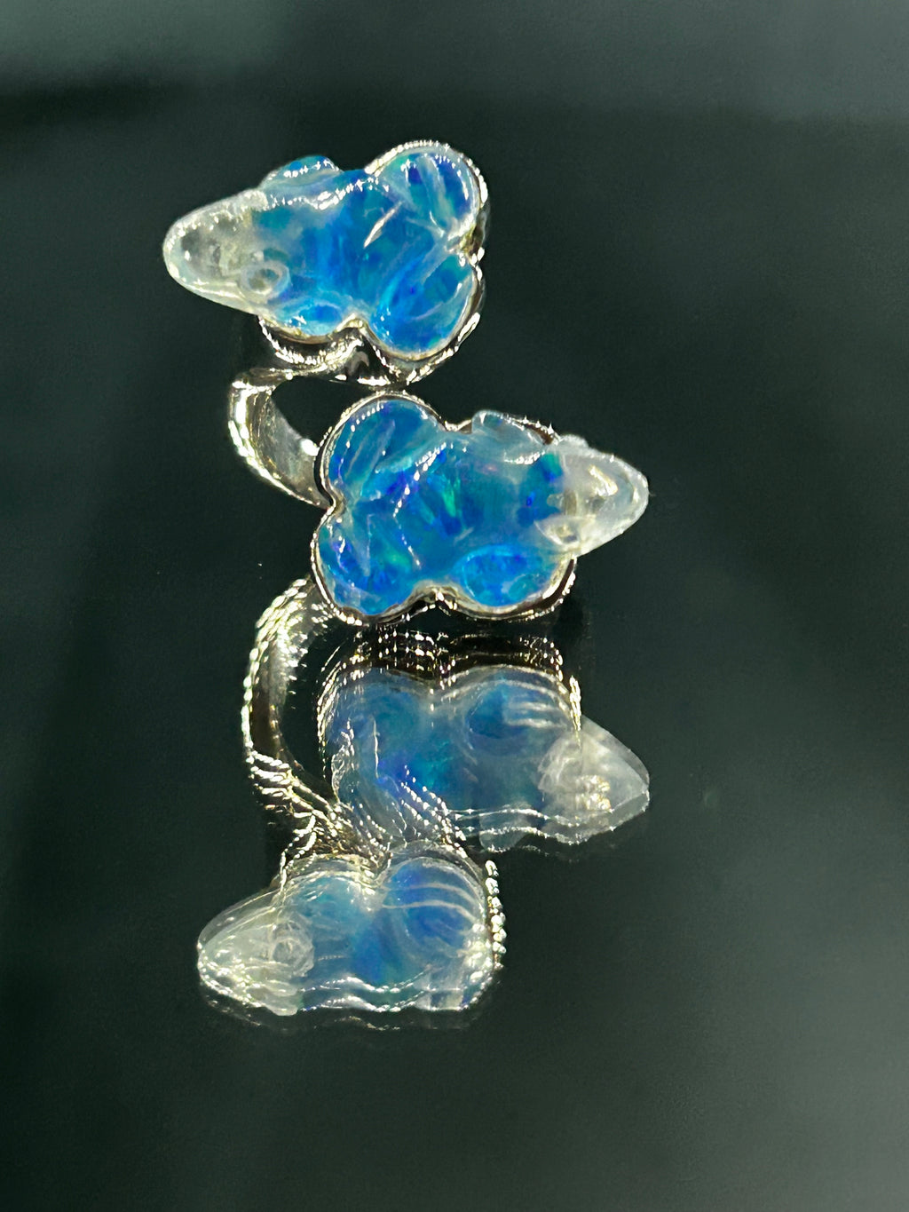 Blue Opal Quartz Twin Frog Ring