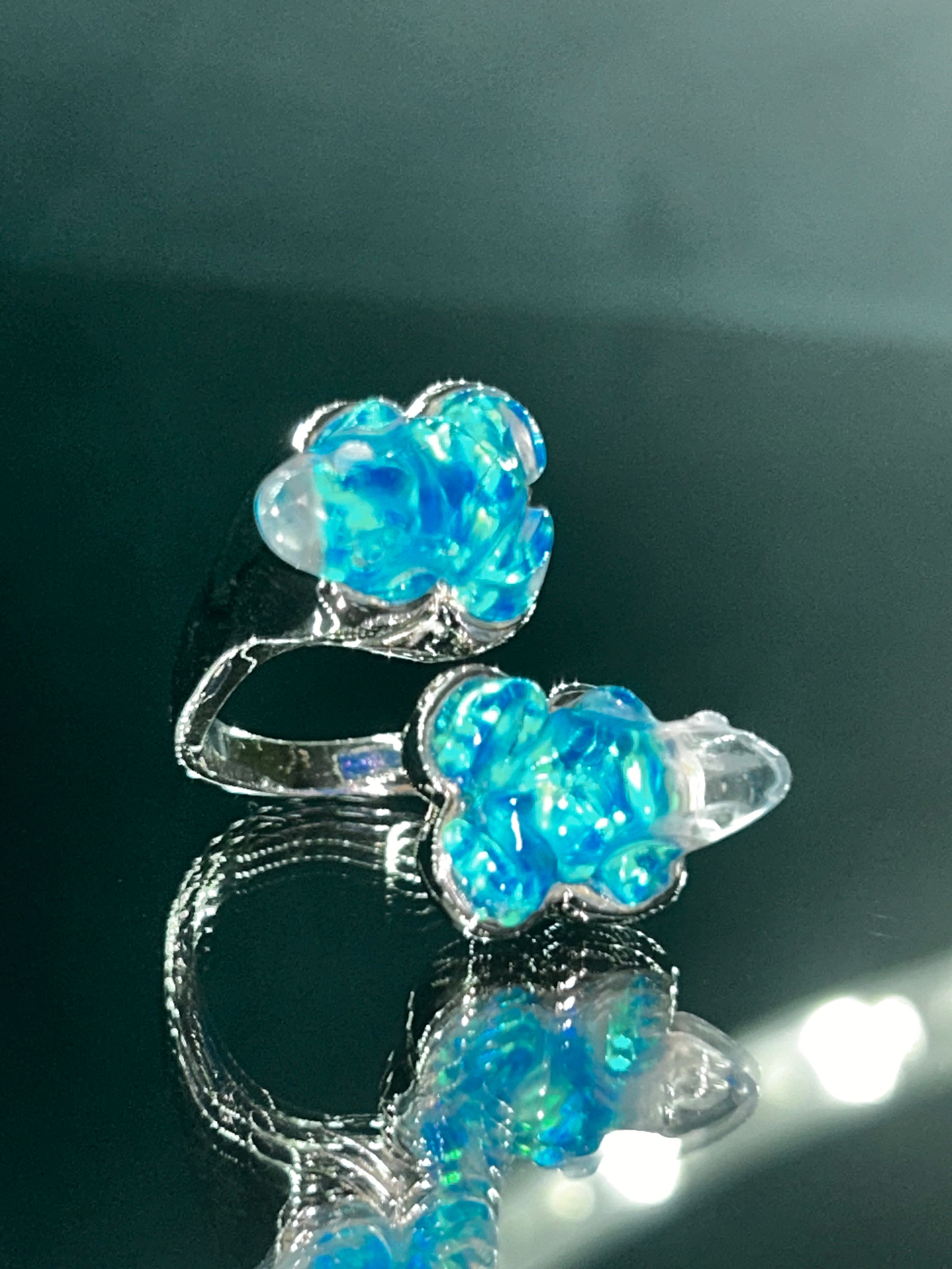 Blue Opal Quartz Twin Frog Ring