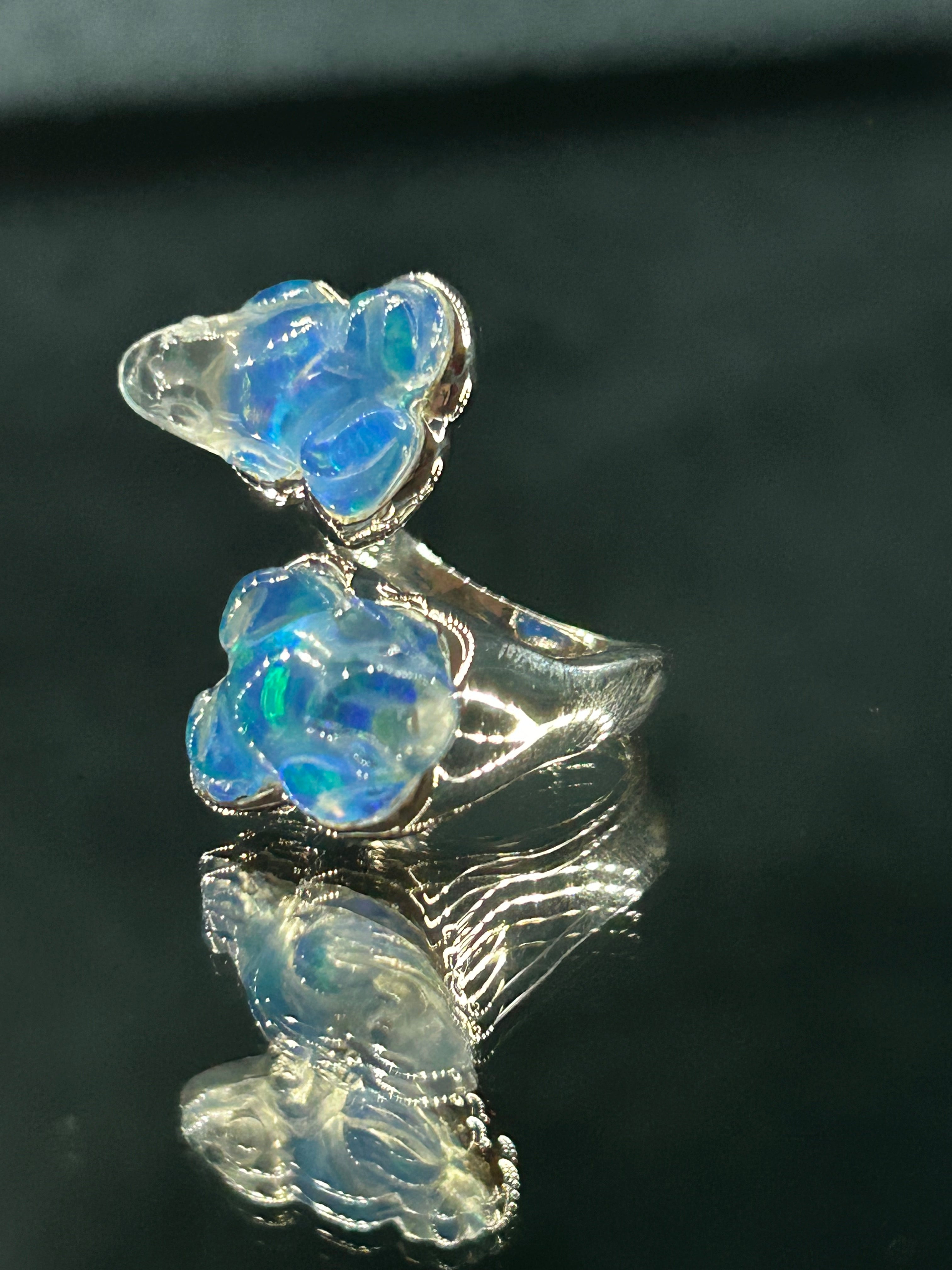 Blue Opal Quartz Twin Frog Ring