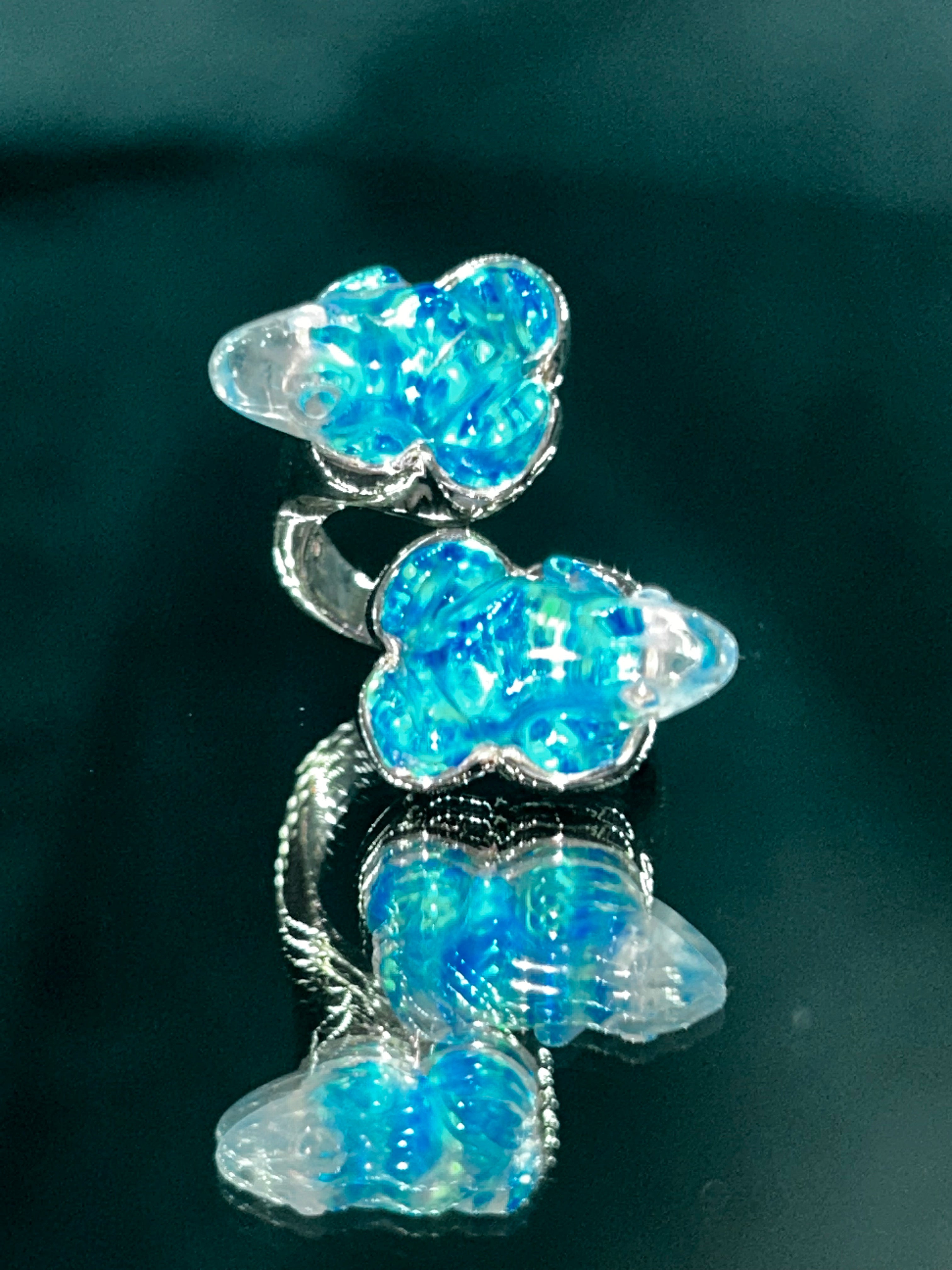 Blue Opal Quartz Twin Frog Ring