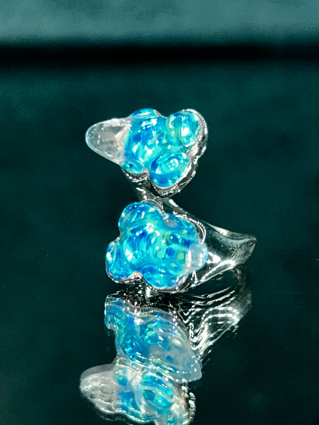 Blue Opal Quartz Twin Frog Ring