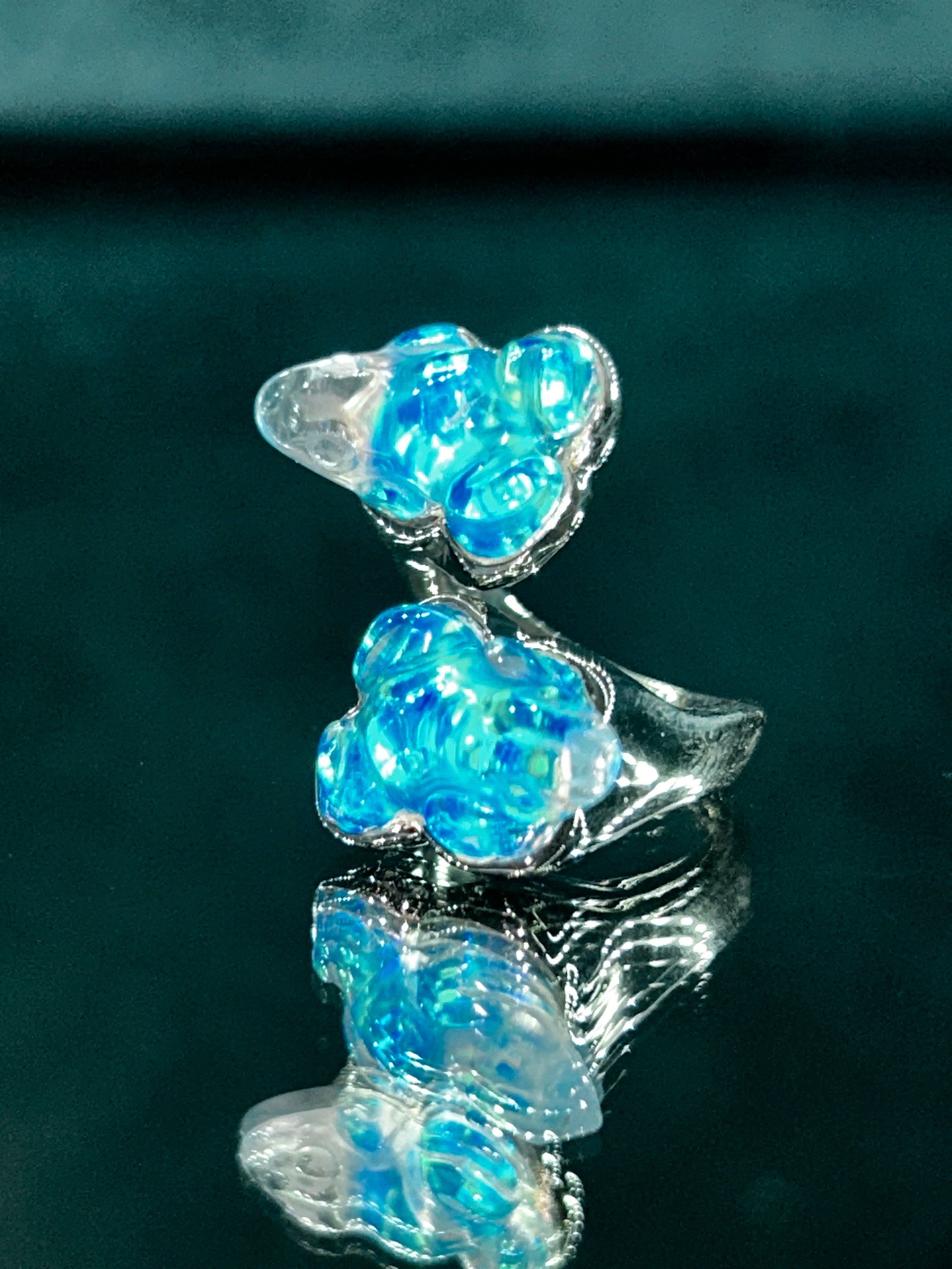 Blue Opal Quartz Twin Frog Ring