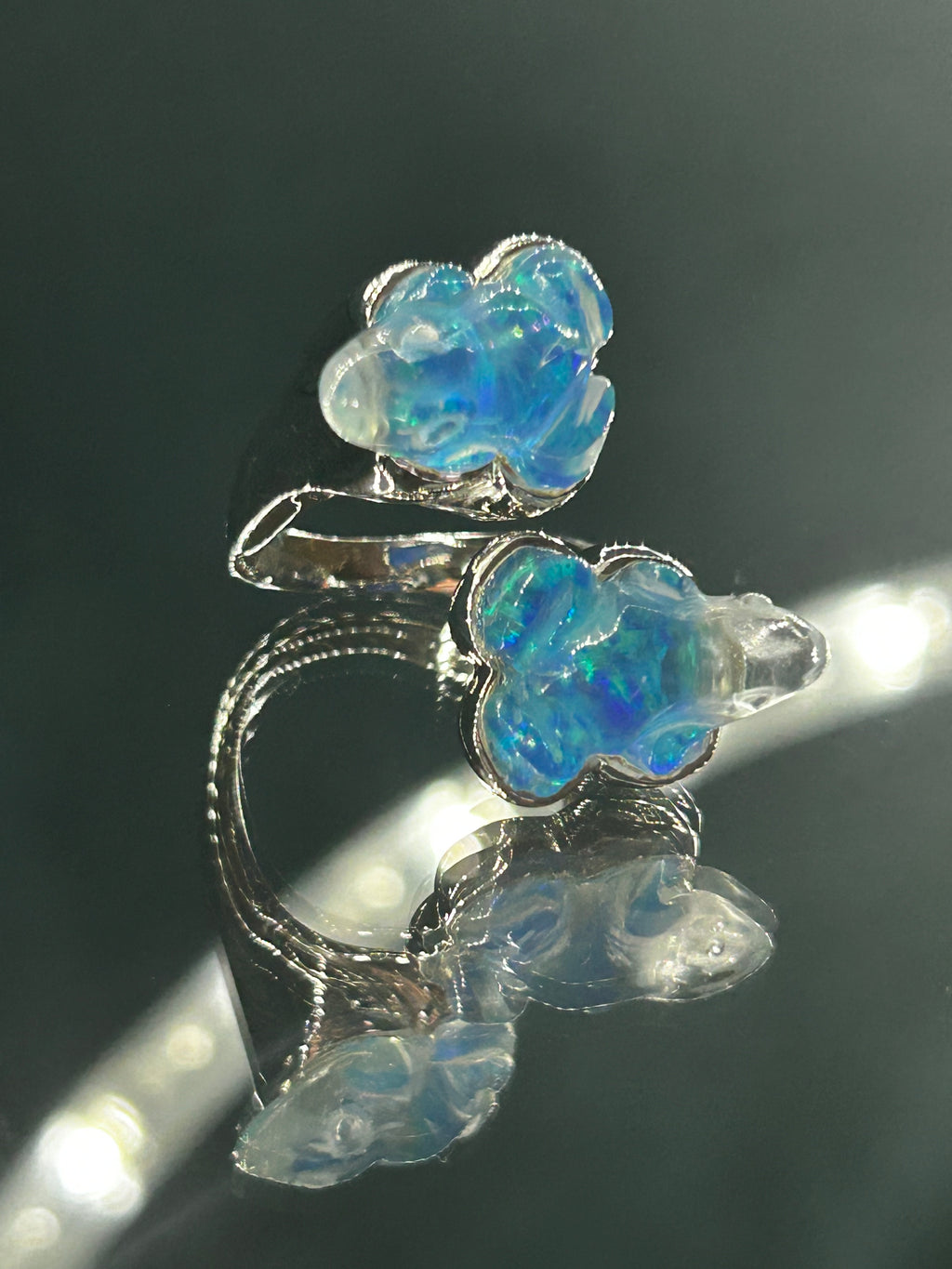 Blue Opal Quartz Twin Frog Ring